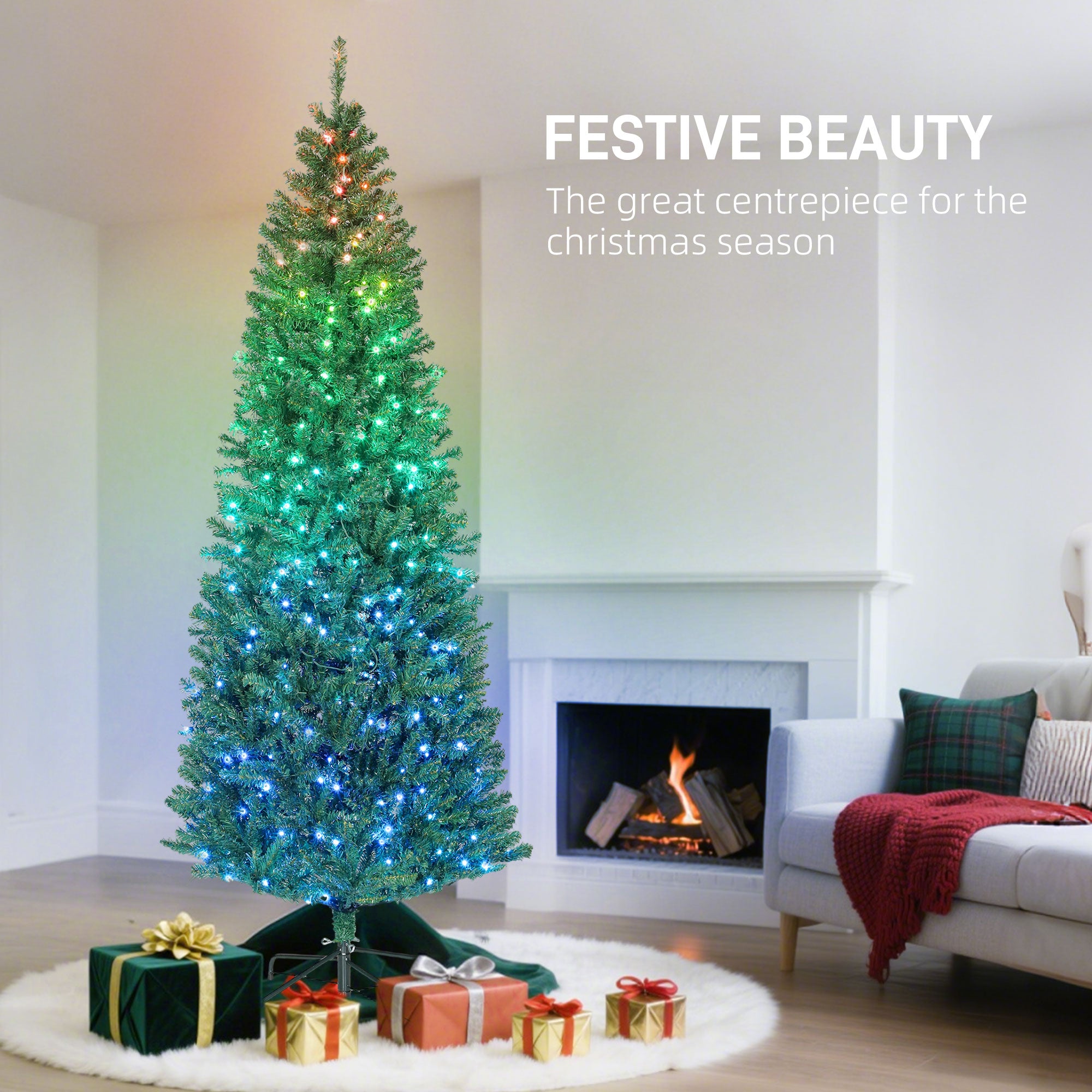 7ft Artificial Christmas Tree with Colorful DIY Synchronized Lights, Remote, Hinged Slim Fir with Daily Timer