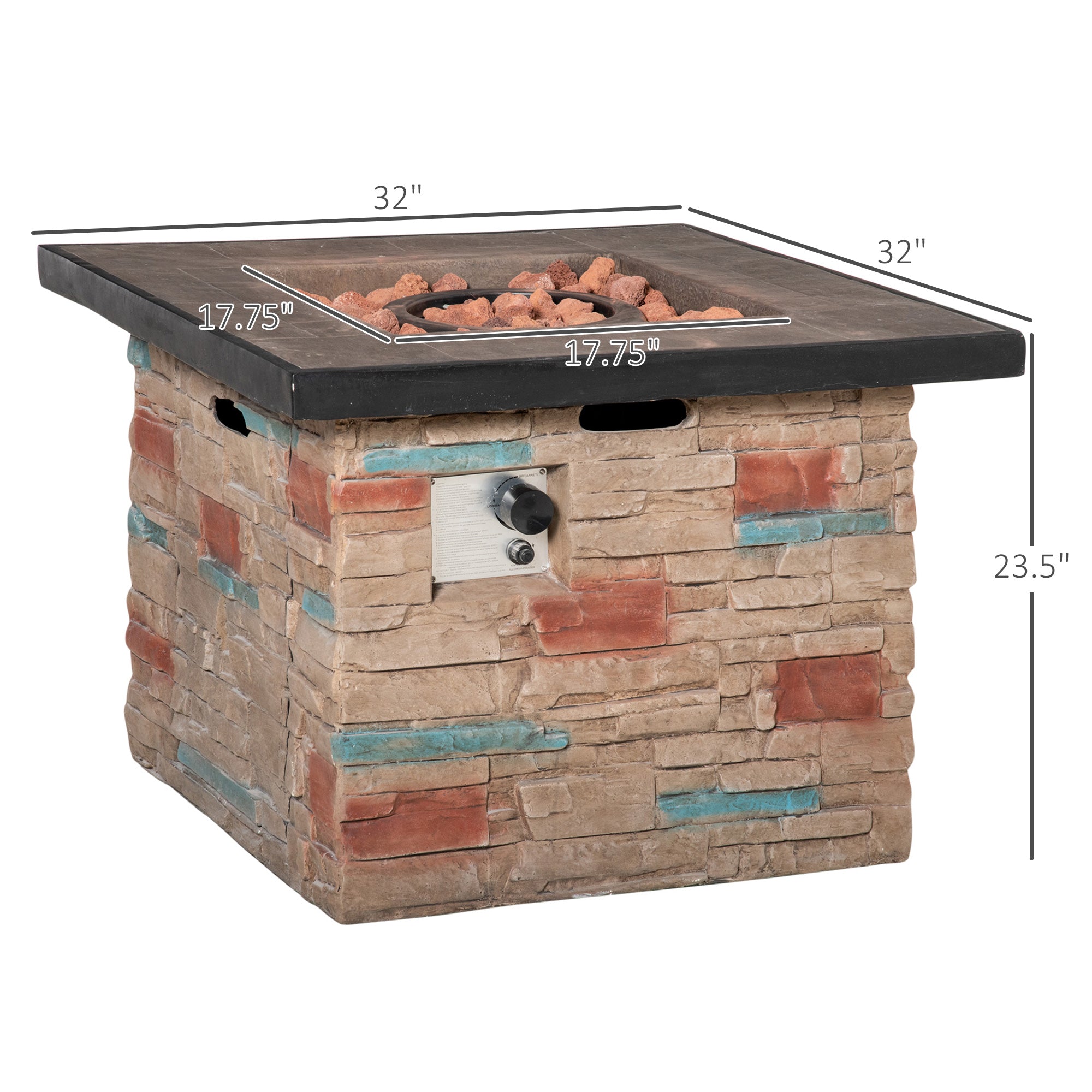 32 Inch Outdoor Propane Gas Fire Pit Table, 50,000 BTU Auto-Ignition Square Faux Ledge Stone Gas Firepit with Lava Rocks and Rain Cover, CSA Certification, Brown