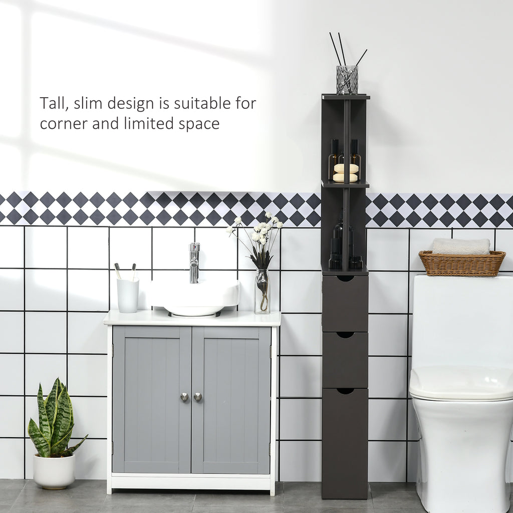 54" Tall Bathroom Storage Cabinet, Freestanding Linen Tower with 2-Tier Shelf and Drawers, Narrow Side Floor Organizer, Brown