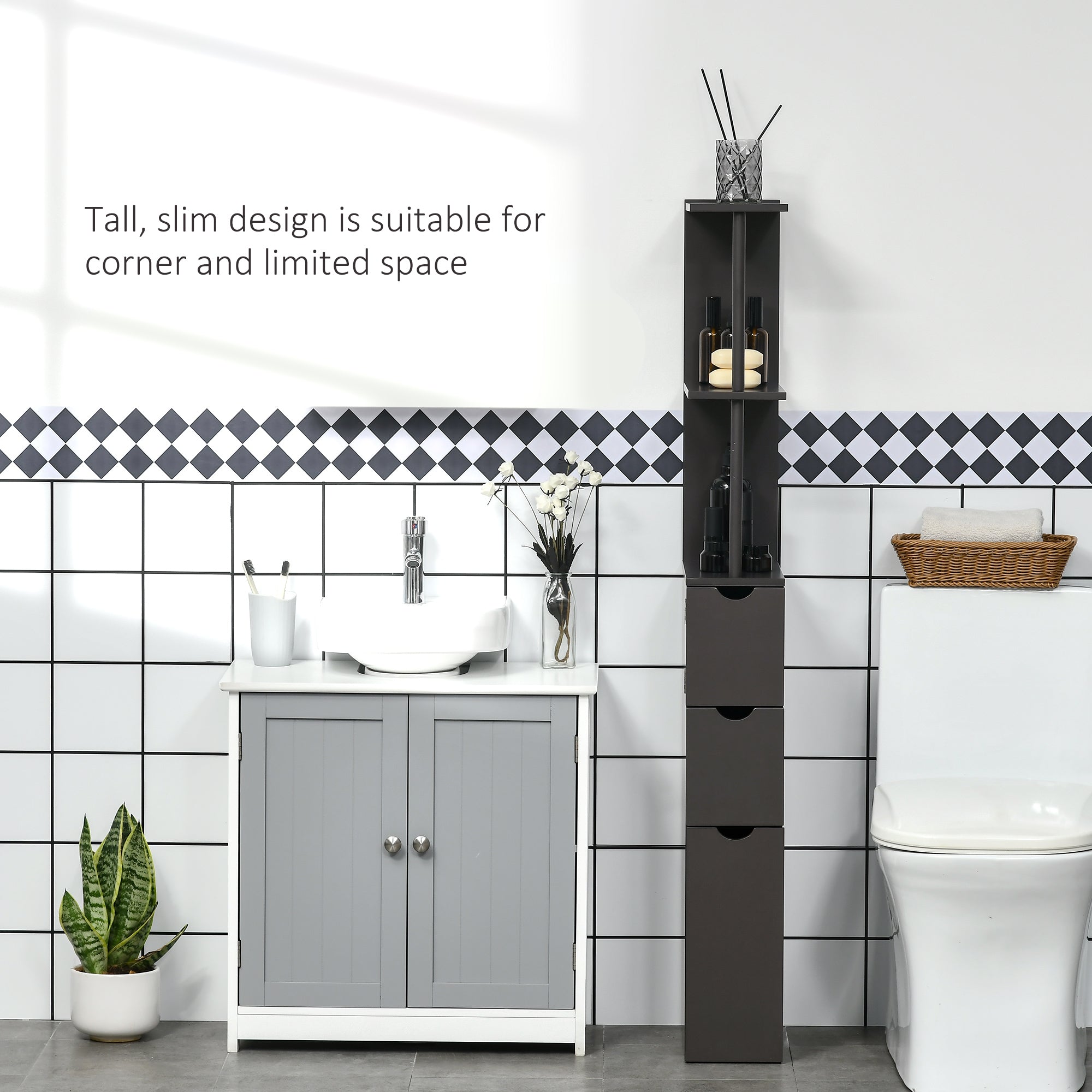 54" Tall Bathroom Storage Cabinet, Freestanding Linen Tower with 2-Tier Shelf and Drawers, Narrow Side Floor Organizer, Brown