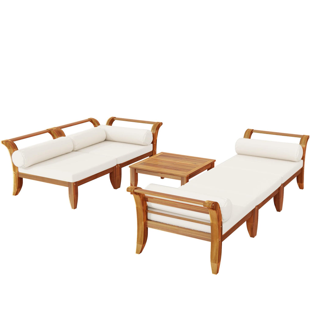 6 Piece Patio Sofa Set with Tea Table & Ottoman for Garden, Modular Sectional with 5 Thick Cushion, 30" L x 27.5" W x 16" H, Teak+Beige