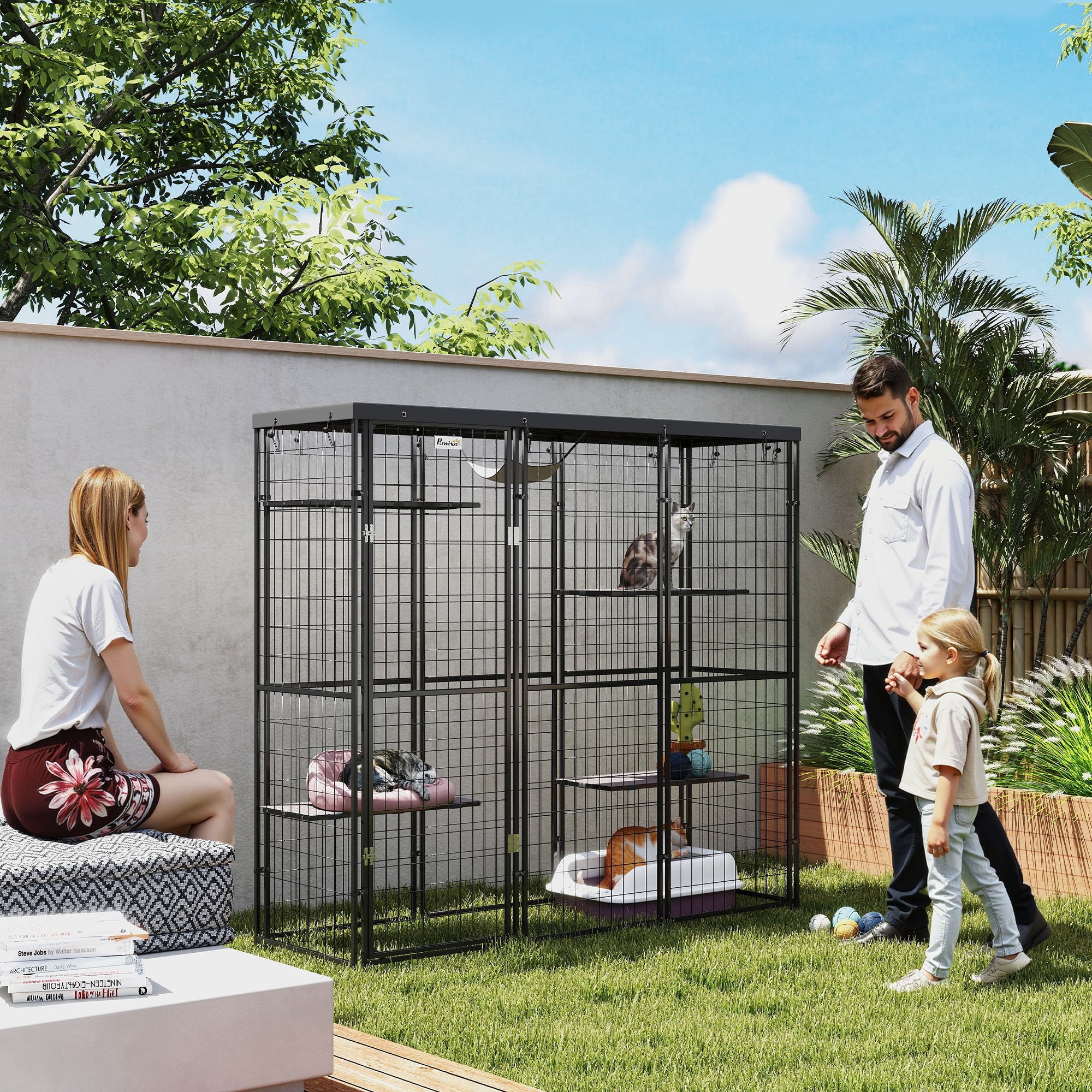 Weld Wire Catio Outdoor Indoor with Waterproof Cover, 4 Jumping Platforms, Hammock, for 1-3 Kittens, 69" x 22" x 62"