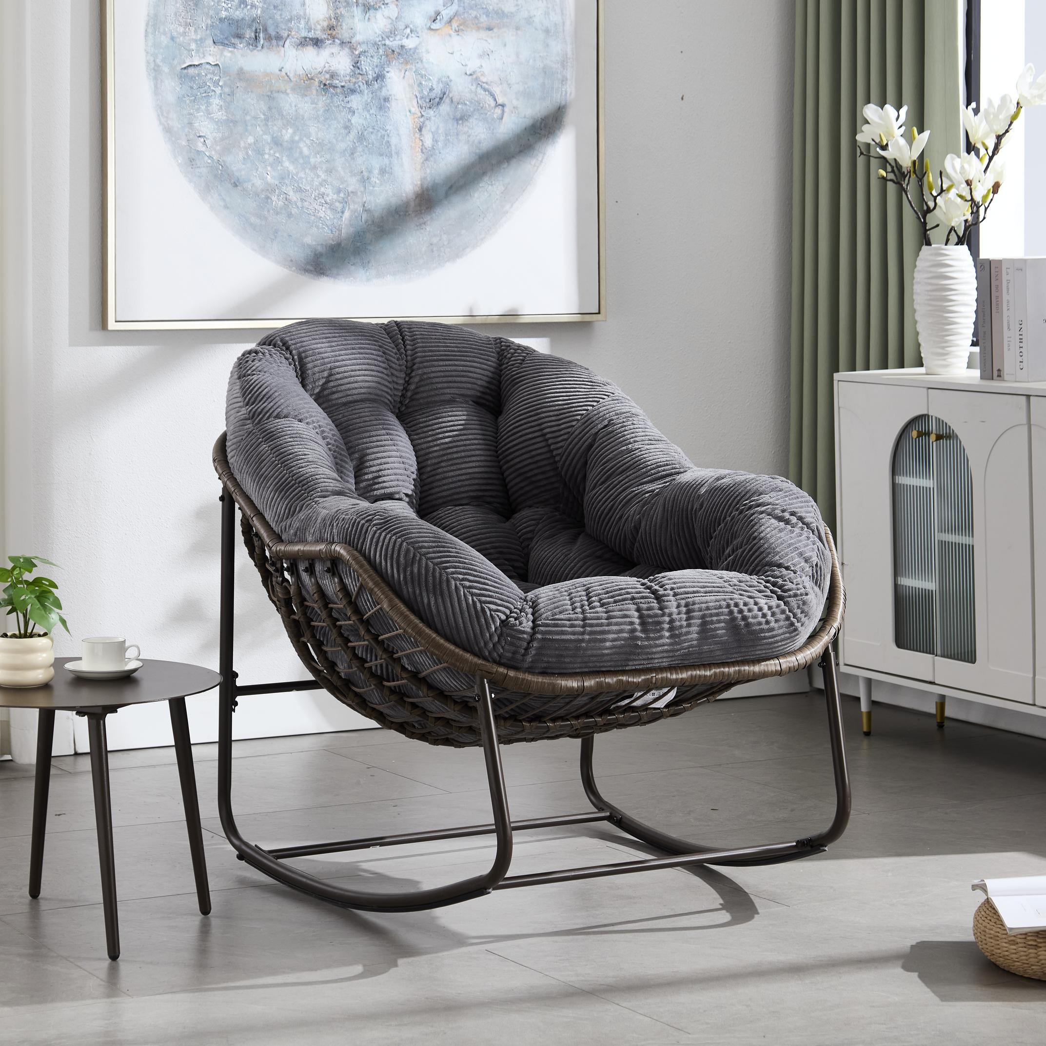 Oversized Outdoor Rattan Rocking Chair with Padded Cushion, Steel Frame, Ergonomic Hand-Woven Recliner, 44" L x 37" W x 31.5" H, Gray