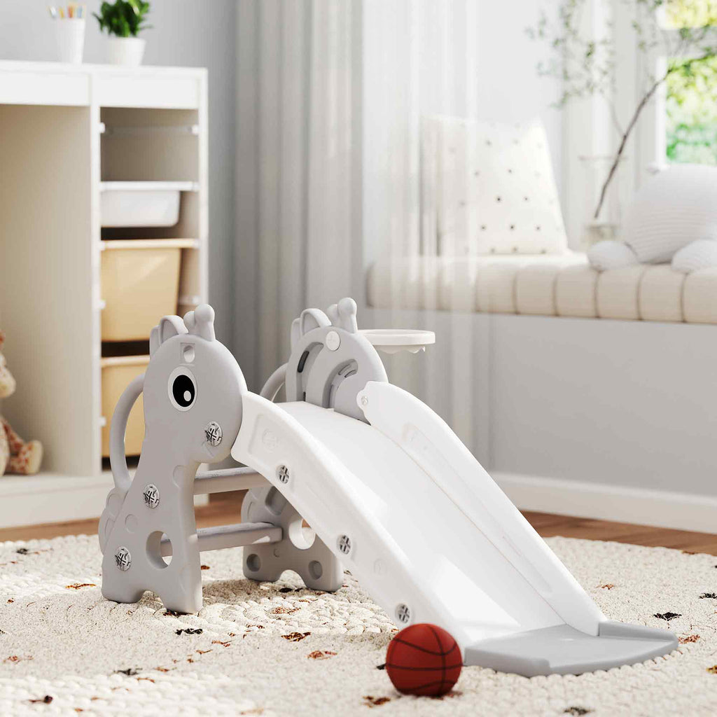 3-in-1 Toddler Slide for Age 1-3, Freestanding Kids Slide with Climber, Basketball Hoop and Ball, Giraffe Design, Gray