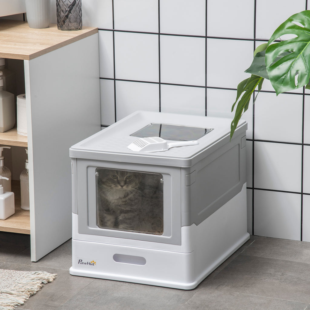 Fully Enclosed Cat Litter Box with Front Entry and Top Exit, Plastic, Gray & White