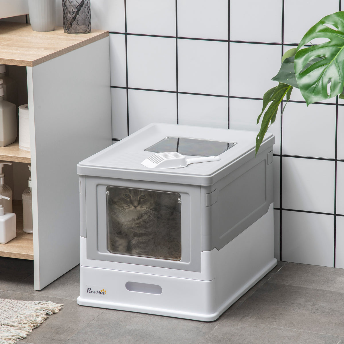 Fully Enclosed Cat Litter Box with Front Entry and Top Exit, Plastic, Gray & White