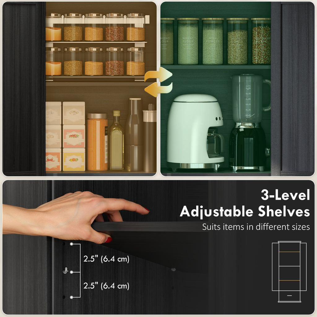 71" Pantry Cabinet, Kitchen Storage Cabinet with Adjustable Shelves, Barn Doors and Drawer for Dining Room, Black