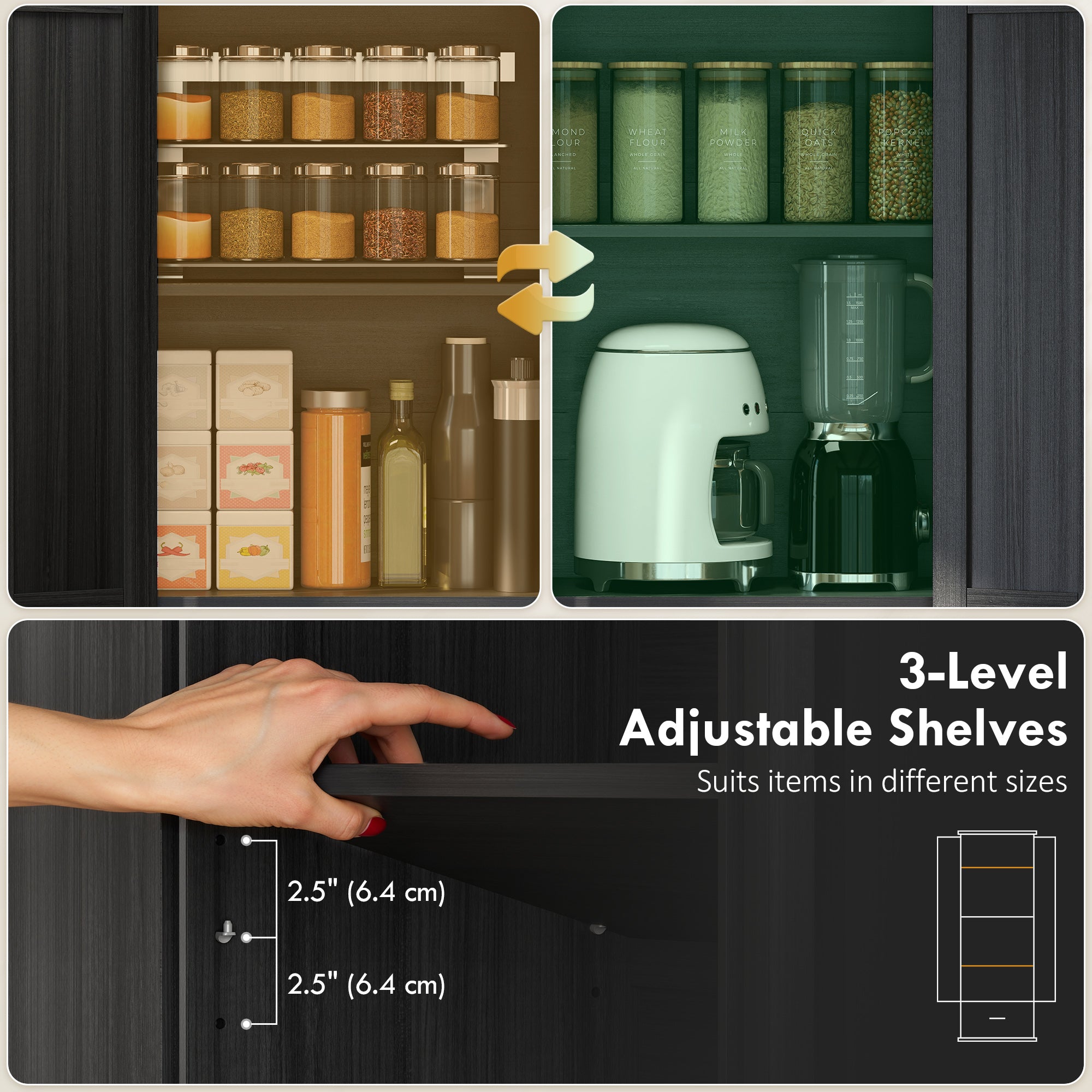 71" Pantry Cabinet, Kitchen Storage Cabinet with Adjustable Shelves, Barn Doors and Drawer for Dining Room, Black