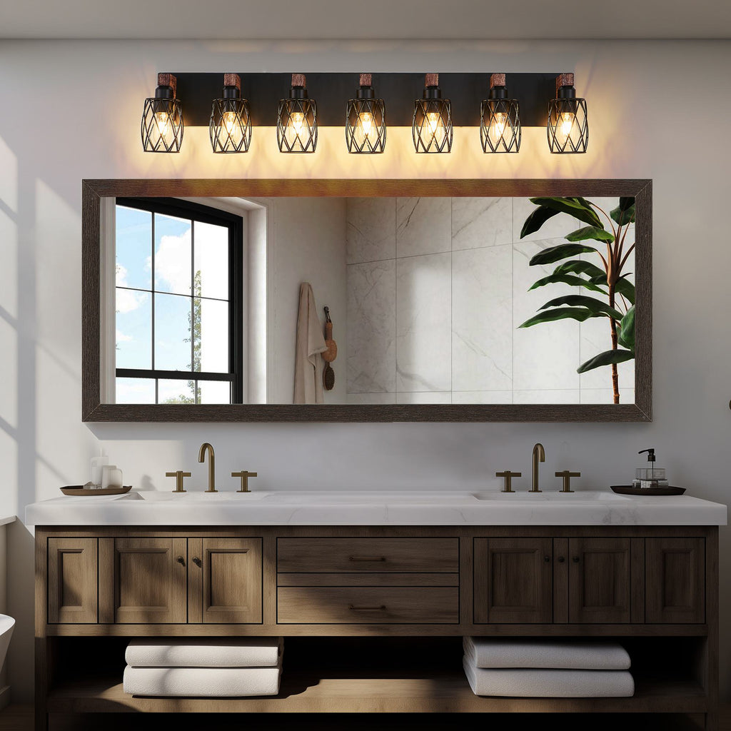 Industrial 7-Light Wall Sconce with Metal Wire Cage Shades, Wooden Accents, Ideal for Bathroom, Hallway, 44" L x 6" W x 8.5" H, Walnut+Black