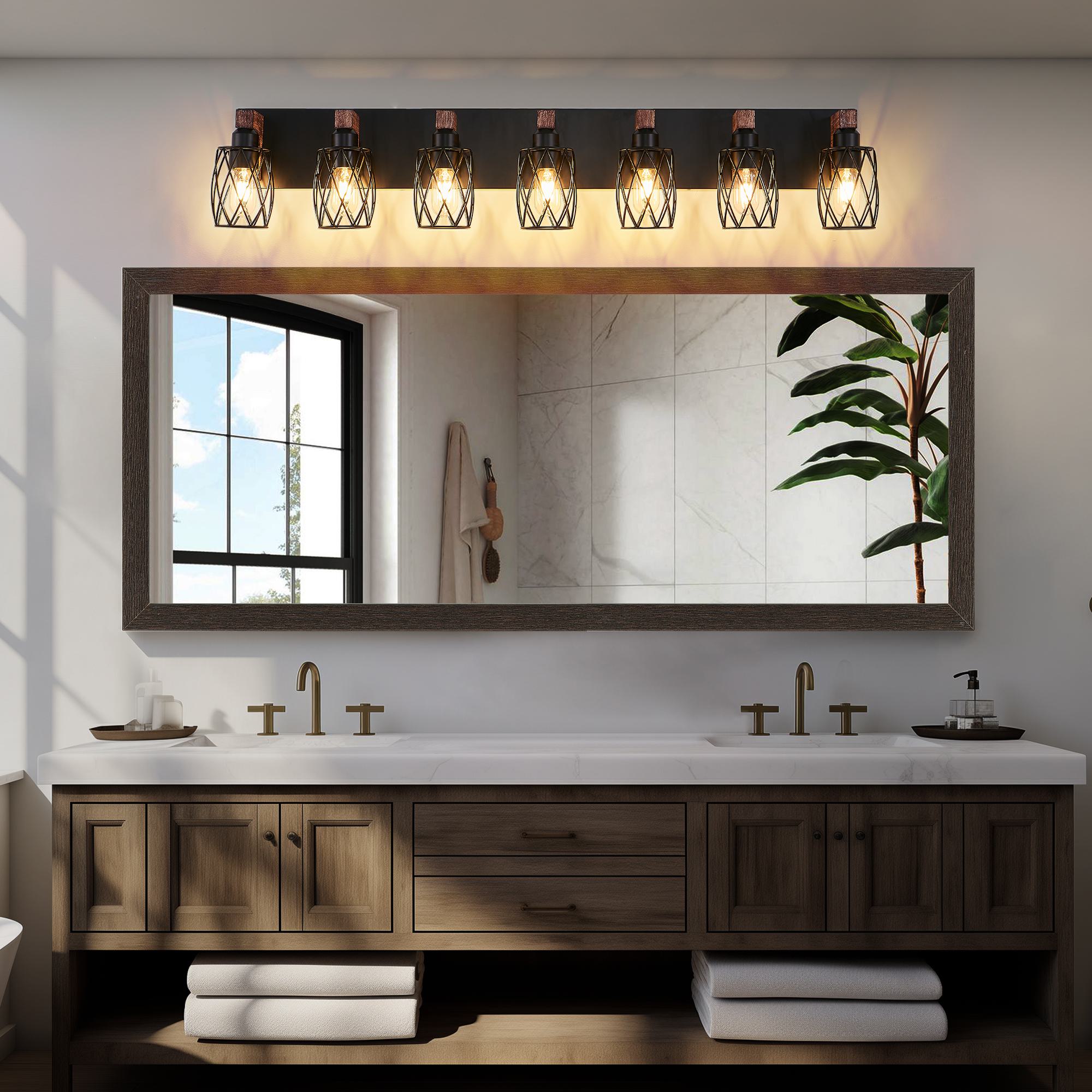 Industrial 7-Light Wall Sconce with Metal Wire Cage Shades, Wooden Accents, Ideal for Bathroom, Hallway, 44" L x 6" W x 8.5" H, Walnut+Black