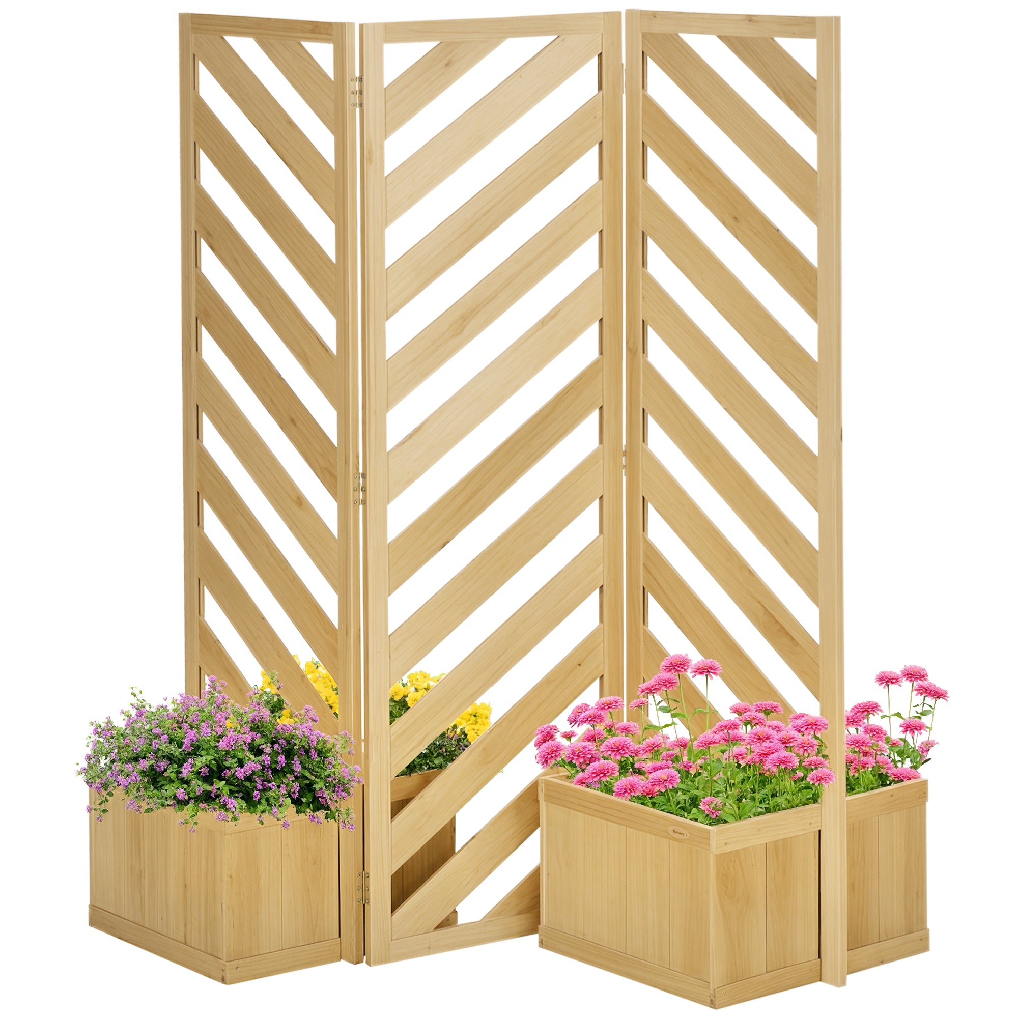 Decorative Outdoor Privacy Screen, Freestanding Divider/Separator with 4 Self-Draining Planters, 3 Trellis Plant Support Panels for Garden Walkway, Backyard, Natural Wood