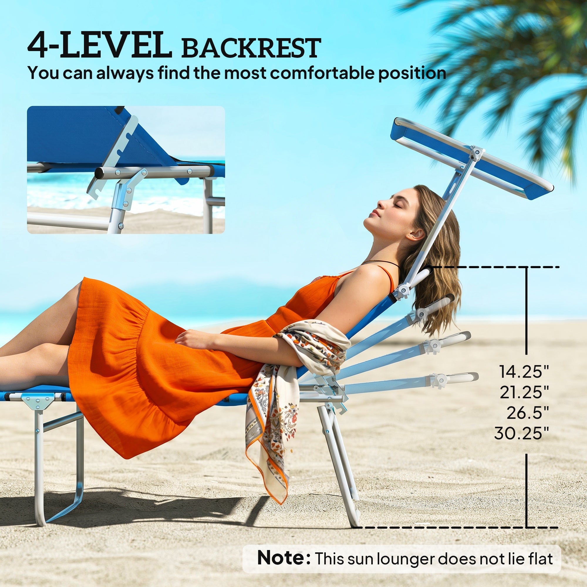 Outdoor Pool Chaise Lounge Chair, Folding Tanning Chair with Sun Shade, Blue