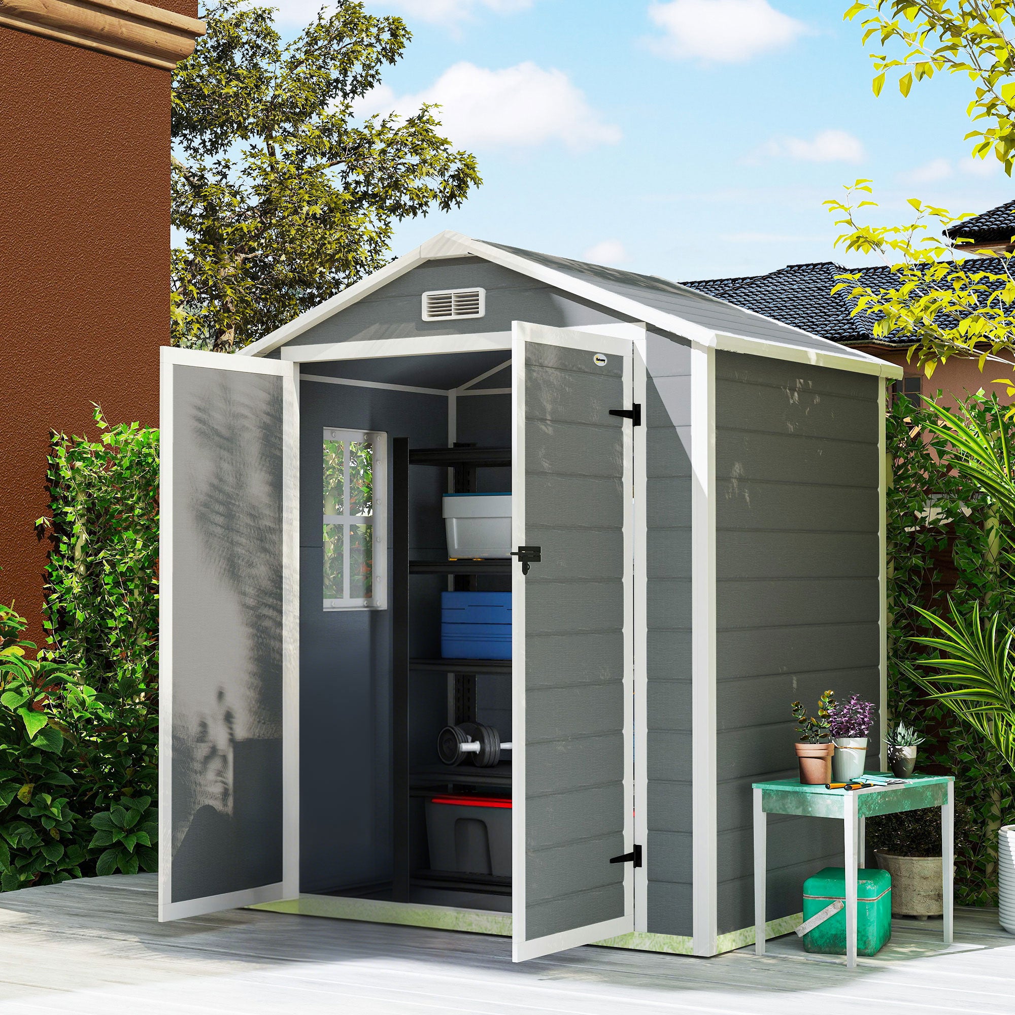 6x4.5 Outdoor Storage Shed, Lockable Tool Shed with Double Doors, Vent and Window for Garden, Cottage Style, Family Use, Gray