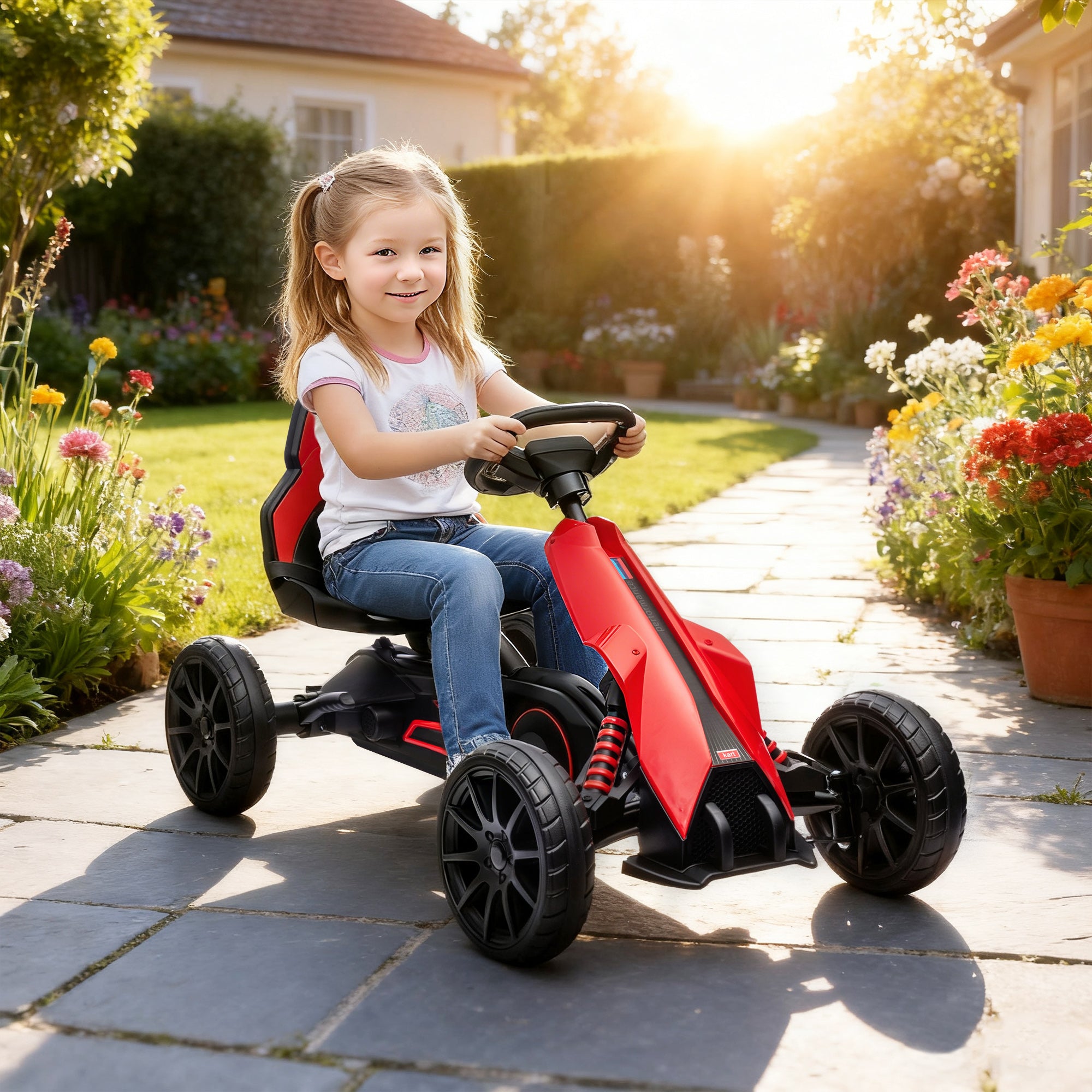 Kids Pedal Go Kart W/ Adjustable Seat, Swing Axle, Red