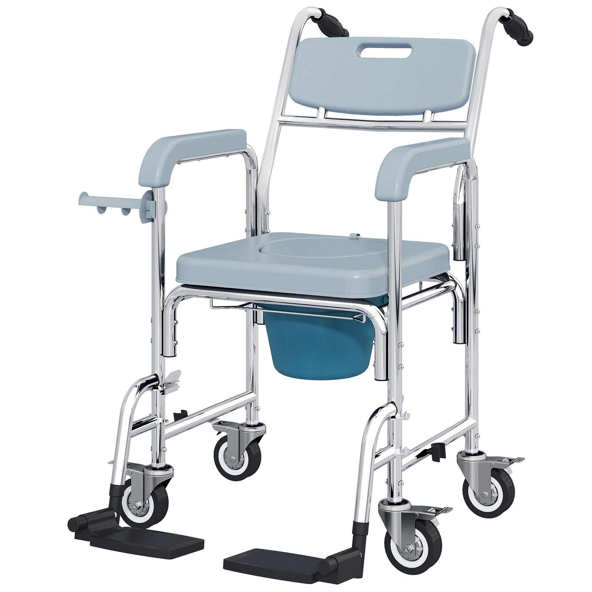 Rolling Shower Wheelchair for Seniors, Bedside Commode Chair with Locking Wheels, Seat, Backrest, Arms, Gray