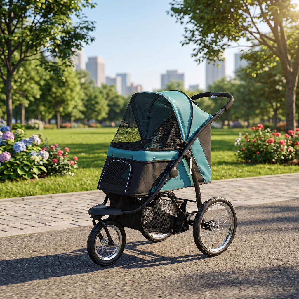 3 Wheels Pet Stroller for Small Dogs and Medium Dogs with Adjustable Canopy, Safety Tether, Storage Basket, Dark Green