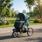 3 Wheels Pet Stroller for Small Dogs and Medium Dogs with Adjustable Canopy, Safety Tether, Storage Basket, Dark Green