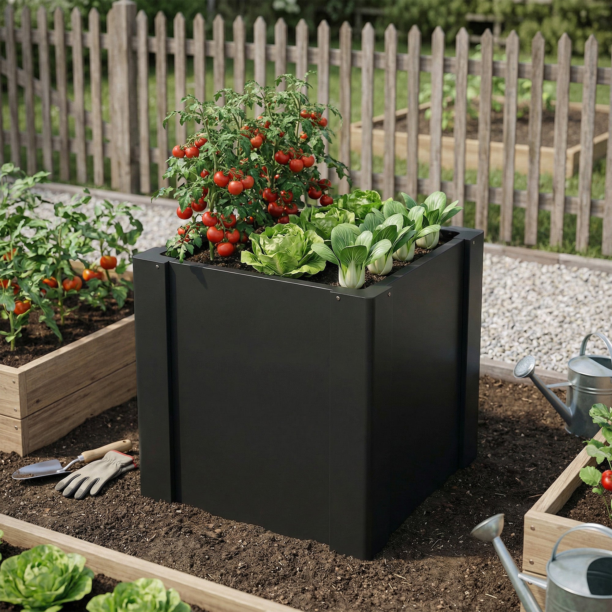 Raised Garden Bed Galvanized Planter Box Outdoor with Gloves for Gardening Vegetables, Flower, Herb, 1.4 x 1.4 x 1.5 ft, Black