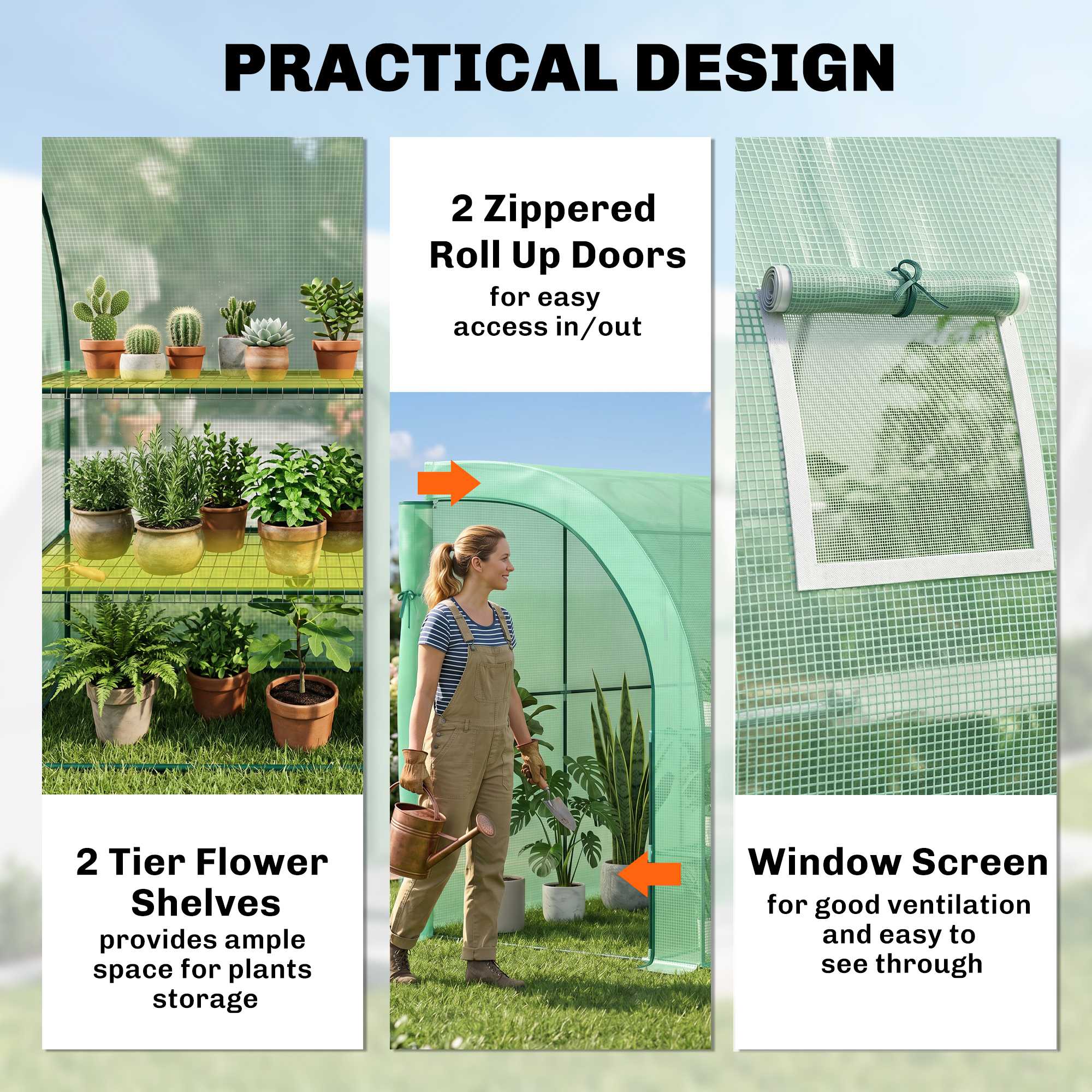 10' x 5' x 7' Lean to Greenhouse, Walk-In Green House, Plant Nursery with 2 Roll-up Doors and Windows, PE Cover and 3 Wire Shelves, Green