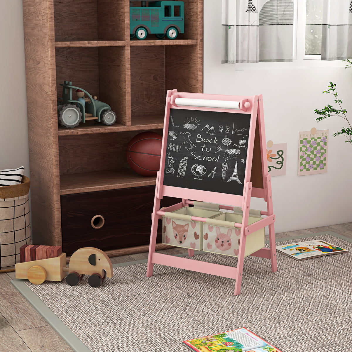 Art Easel for Kids with Paper Roll, Blackboard, Whiteboard, Storage, Pink
