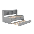 Classic Style Twin Size Wooden Captain Bed with Built-in Bookshelves, 3 Storage Drawers, and Trundle, 77.5" L x 88" W x 47" H, Grey