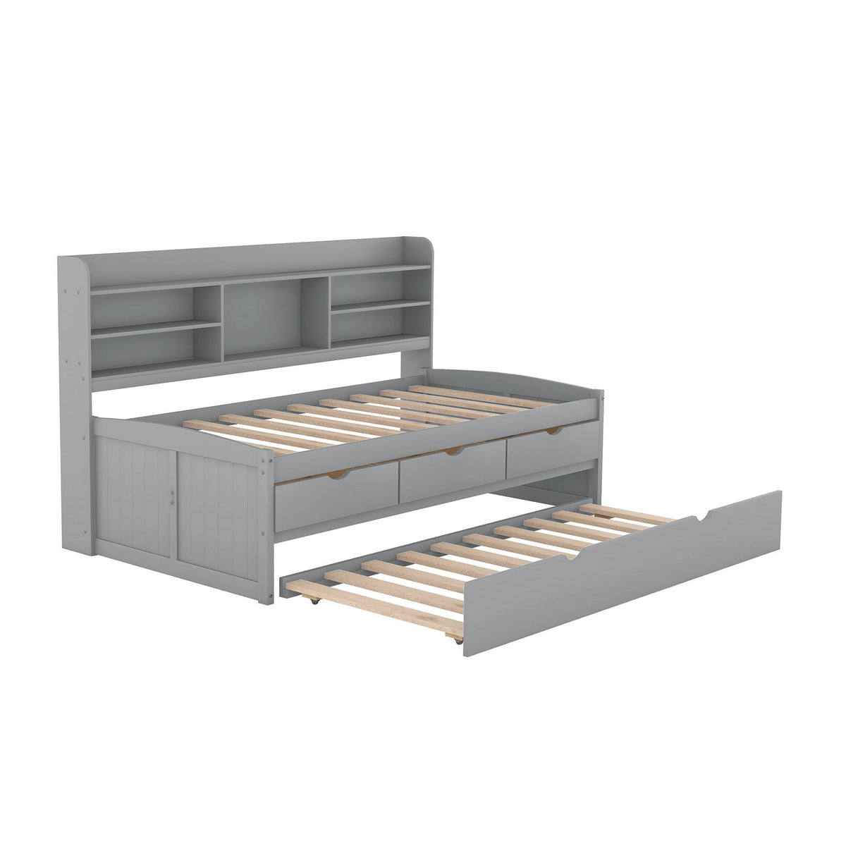 Classic Style Twin Size Wooden Captain Bed with Built-in Bookshelves, 3 Storage Drawers, and Trundle, 77.5" L x 88" W x 47" H, Grey