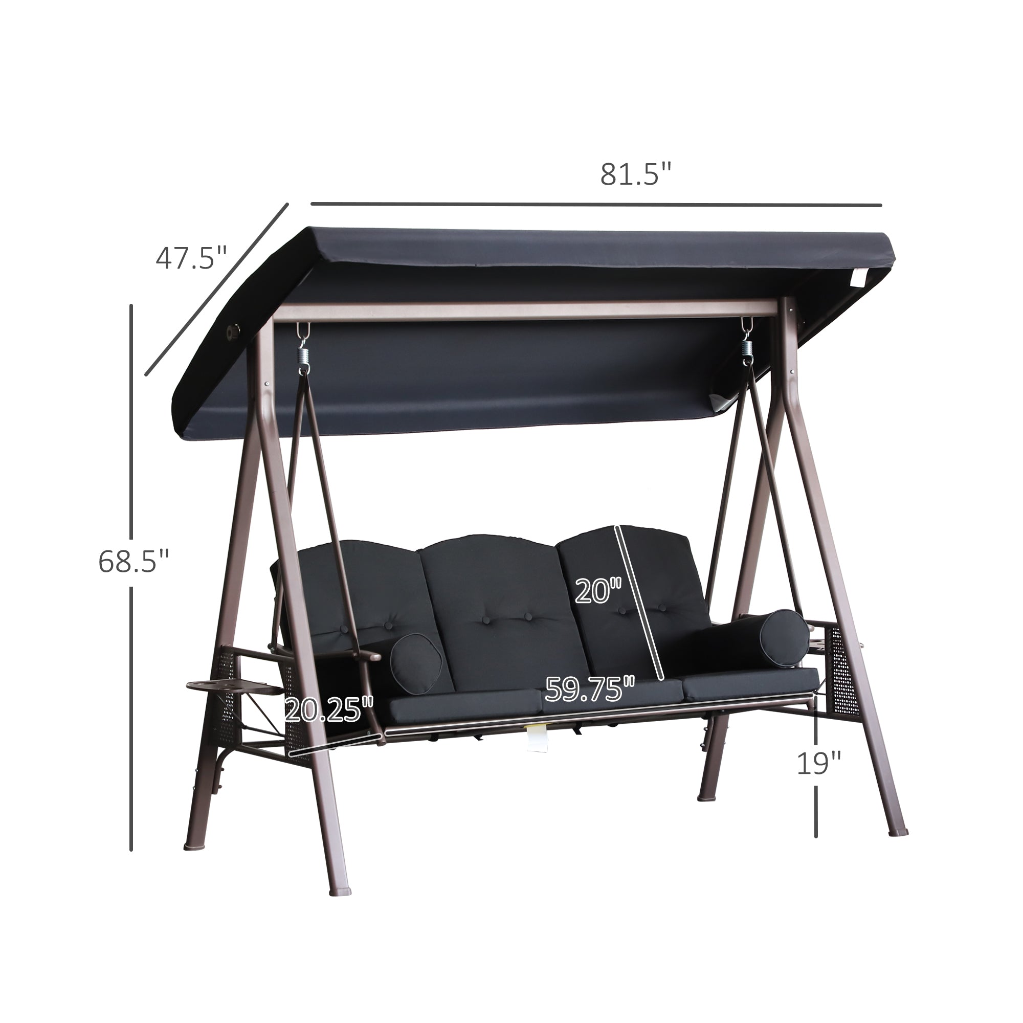 3-Seat Patio Swing Chair, Outdoor Porch Swing Glider with Adjustable Canopy, Removable Cushion, Pillows and Side Trays, for Garden, Poolside, Backyard, Black