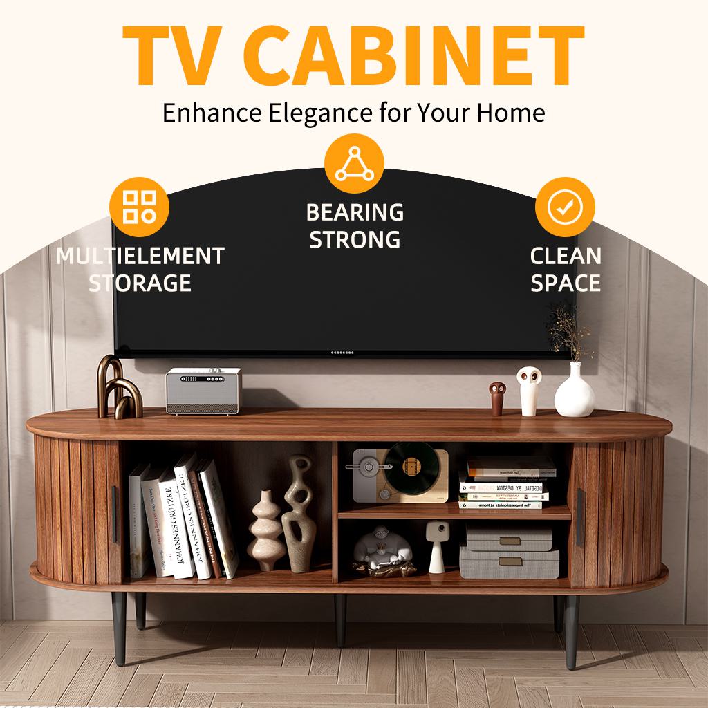 55" Modern TV Stand with Storage Compartment and Sliding Door, Gaming Entertainment Center with Cabinet, 55" L x 16" W x 21.5" H, Walnut