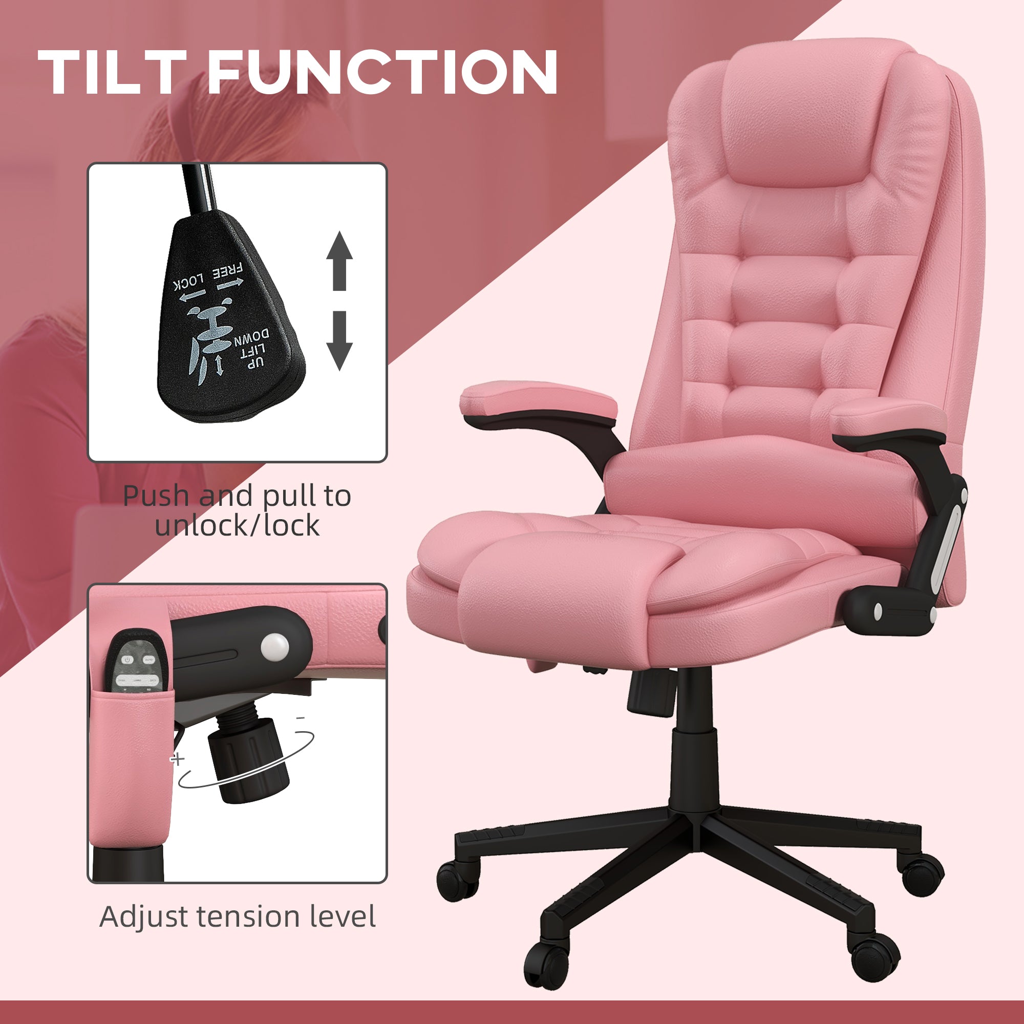 Massage Office Chair, Heated Reclining Computer Chair with 6 Vibration Points, Armrest and Remote, Pink