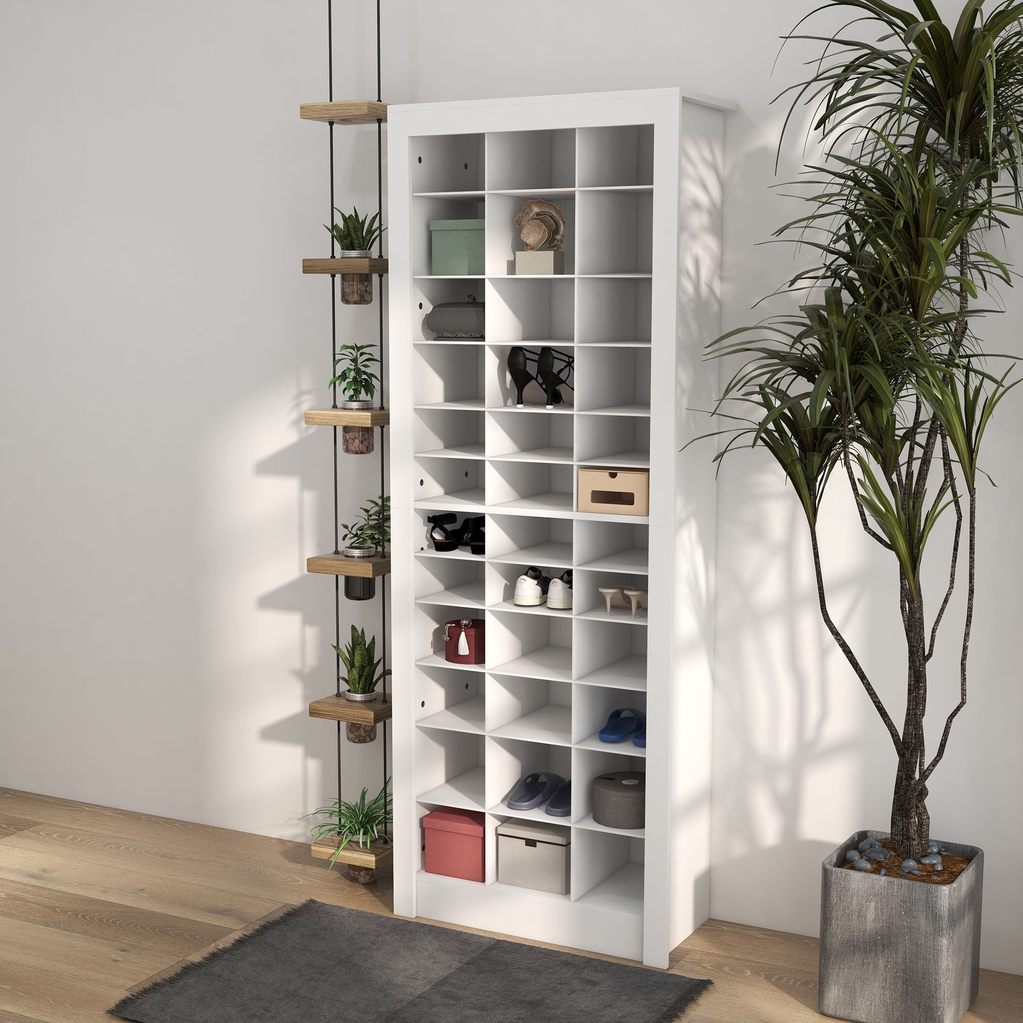 71" Shoe Storage Cabinet with 3 Heights of Open Cubes for 36 Pairs, Narrow Shoe Organizer, White