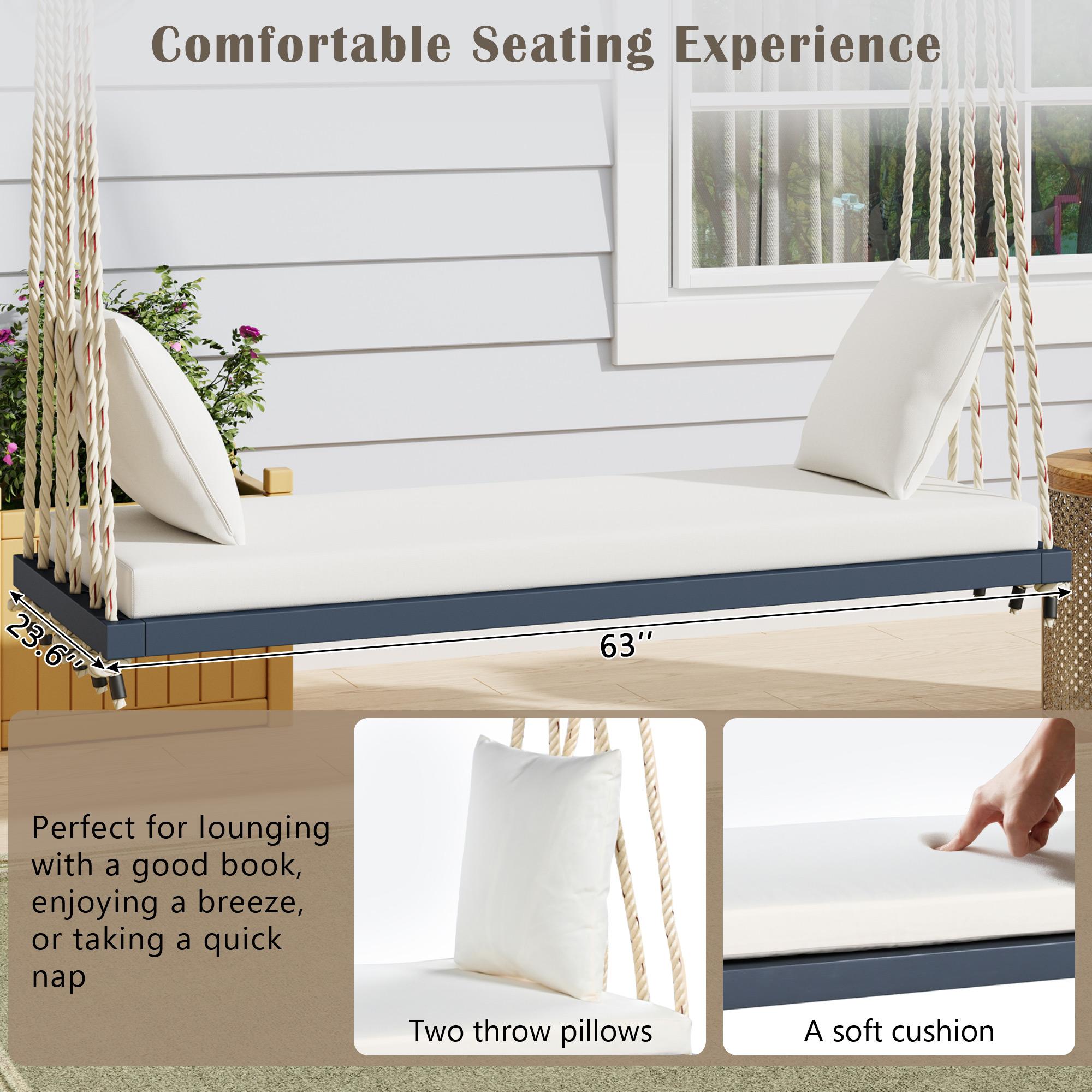 Acacia Wood Porch Swing with Cushion & 2 Pillow for Garden, Hanging Patio Bench with Durable Hemp Rope, 63" L x 23.5" W x 2" H, Gray