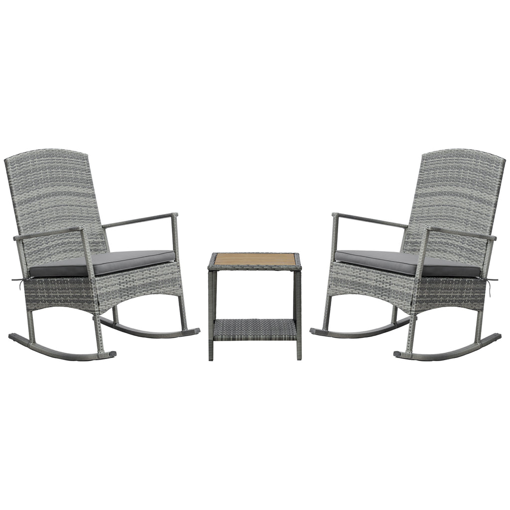 3 Piece Outdoor PE Rattan Rocking Chair Set, Patio Wicker Recliner Rocker Chair with Soft Cushion & Nature Wood Top Coffee Table, Gray