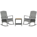 3 Piece Outdoor PE Rattan Rocking Chair Set, Patio Wicker Recliner Rocker Chair with Soft Cushion & Nature Wood Top Coffee Table, Gray
