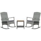 3 Piece Outdoor PE Rattan Rocking Chair Set, Patio Wicker Recliner Rocker Chair with Soft Cushion & Nature Wood Top Coffee Table, Gray