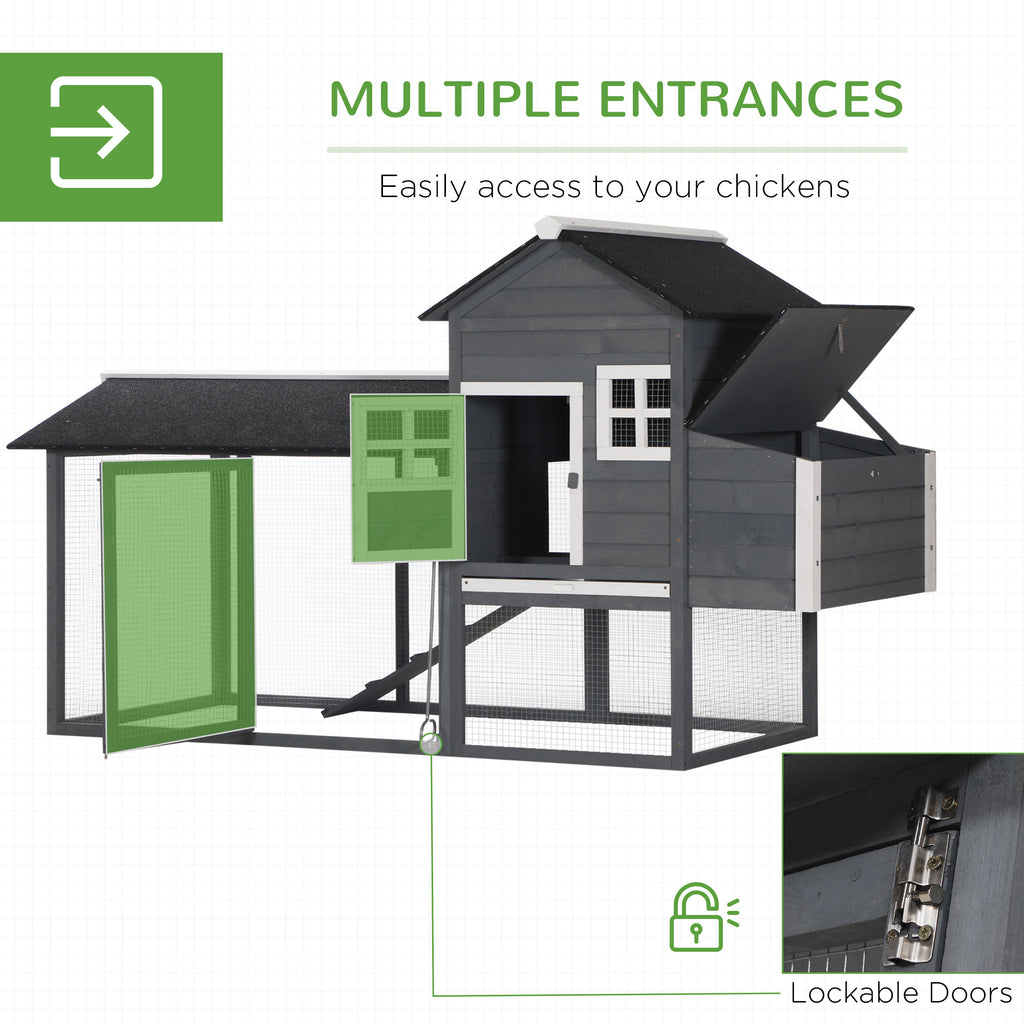 84" Wooden Chicken Coop, Hen House Outdoor with Run Nesting Box, Asphalt Roof, Removable Tray, Ramp, Poultry Cage for 2-3 Chickens, Gray