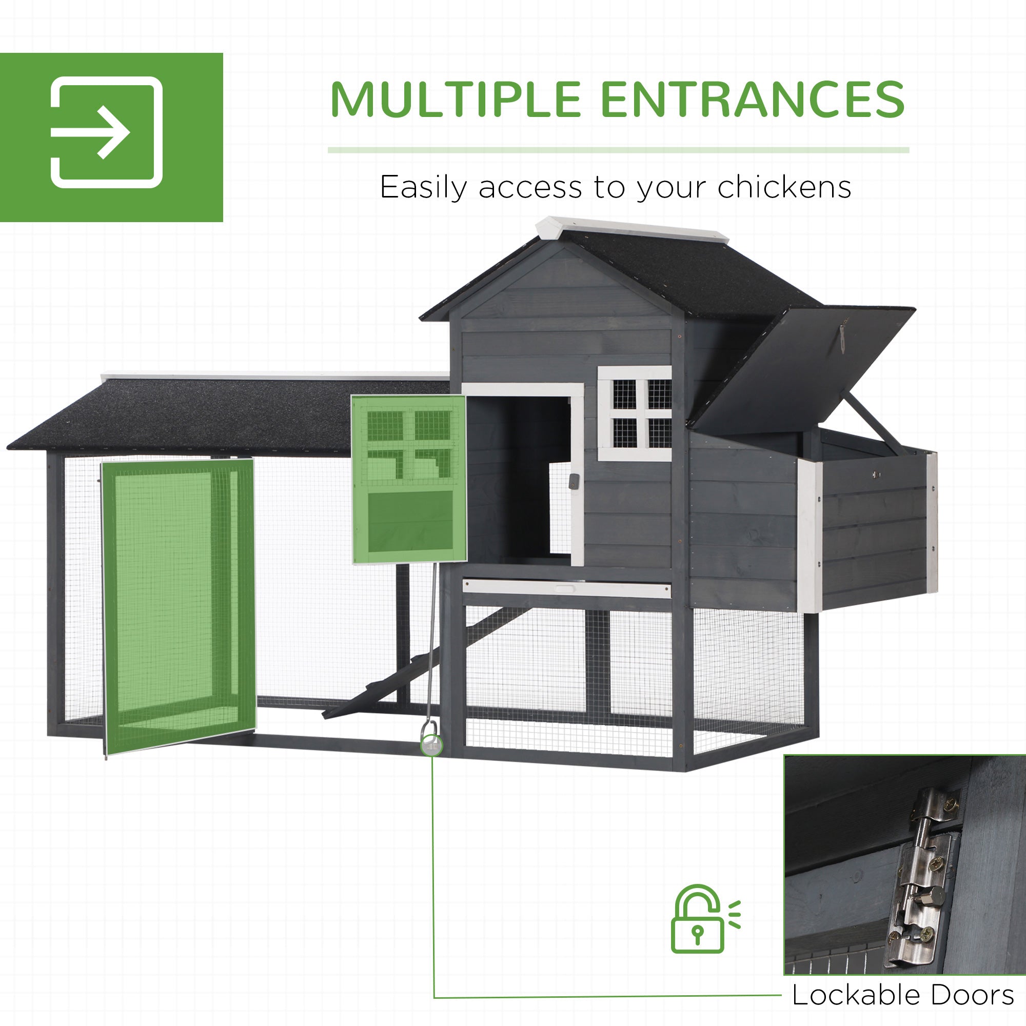 84" Wooden Chicken Coop, Hen House Outdoor with Run Nesting Box, Asphalt Roof, Removable Tray, Ramp, Poultry Cage for 2-3 Chickens, Gray