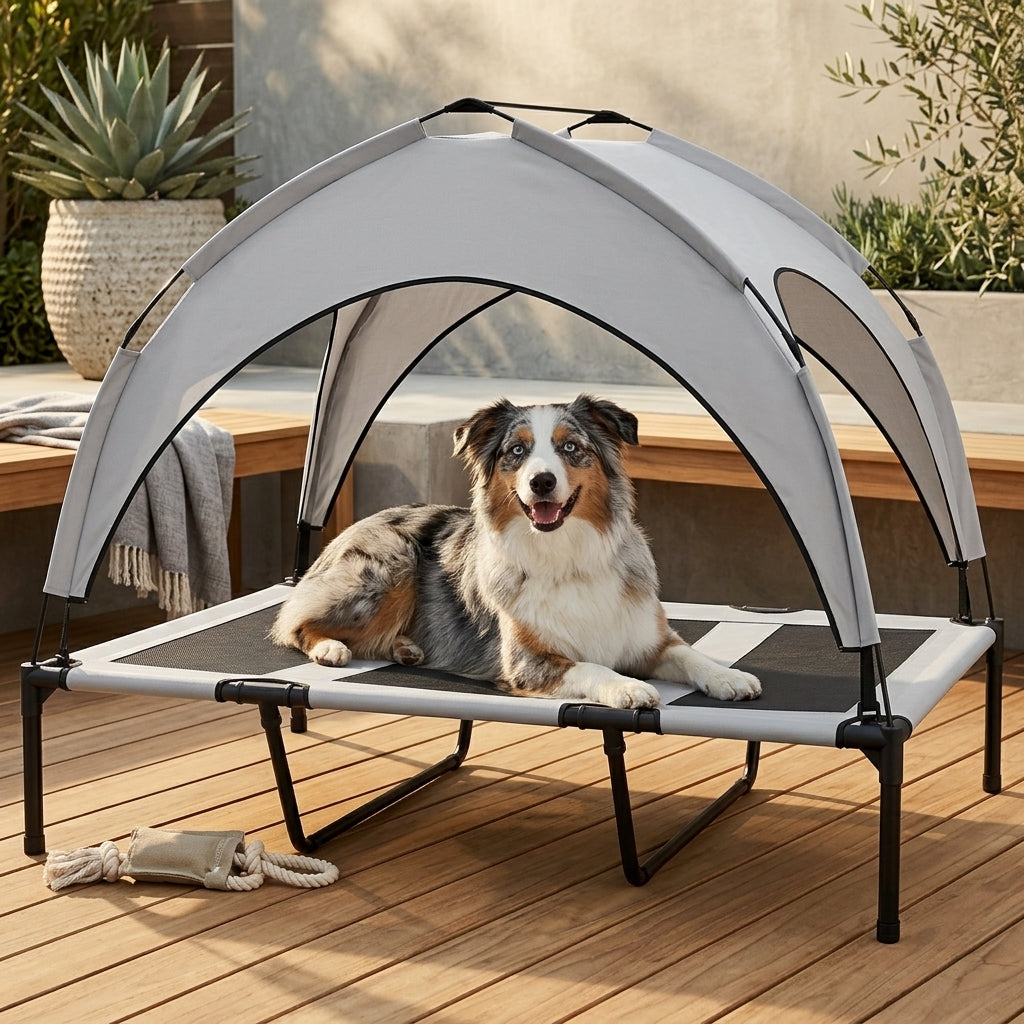 Elevated Dog Bed with Canopy, Raised Outdoor Pet Bed for Camping with Washable Breathable Mesh, 42" x 30" x 37"
