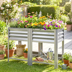 Raised Garden Bed Galvanized Steel, Elevated Planter Box with Storage Shelf, Bed Liner, 31.5" High, Silver