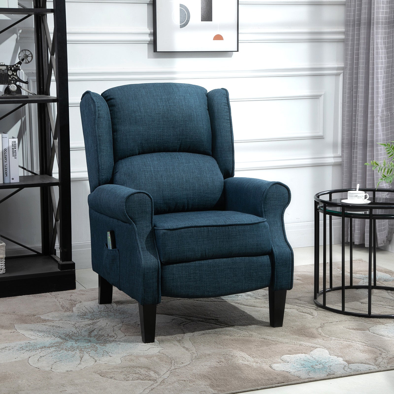 Vibration Massage Recliner Chair for Living Room with Heat, Wingback Single Sofa, Modern Linen Fabric Push Back Reclining Chair with Footrest, Side Pocket, Dark Blue