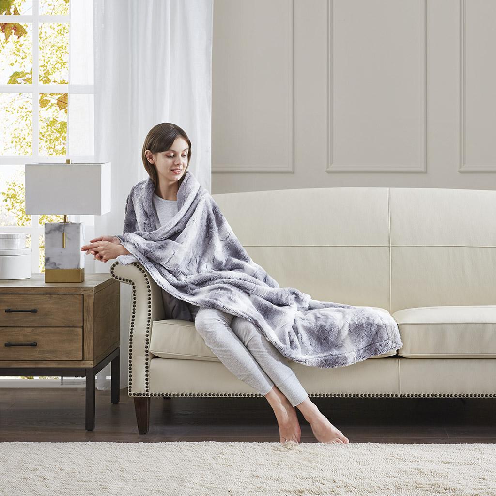 Luxurious Oversized Faux Fur Throw Blanket with Faux Mink Reverse, Machine Washable, OEKO-TEX Certified, 70" L x 60" W x 0.25" H, Gray