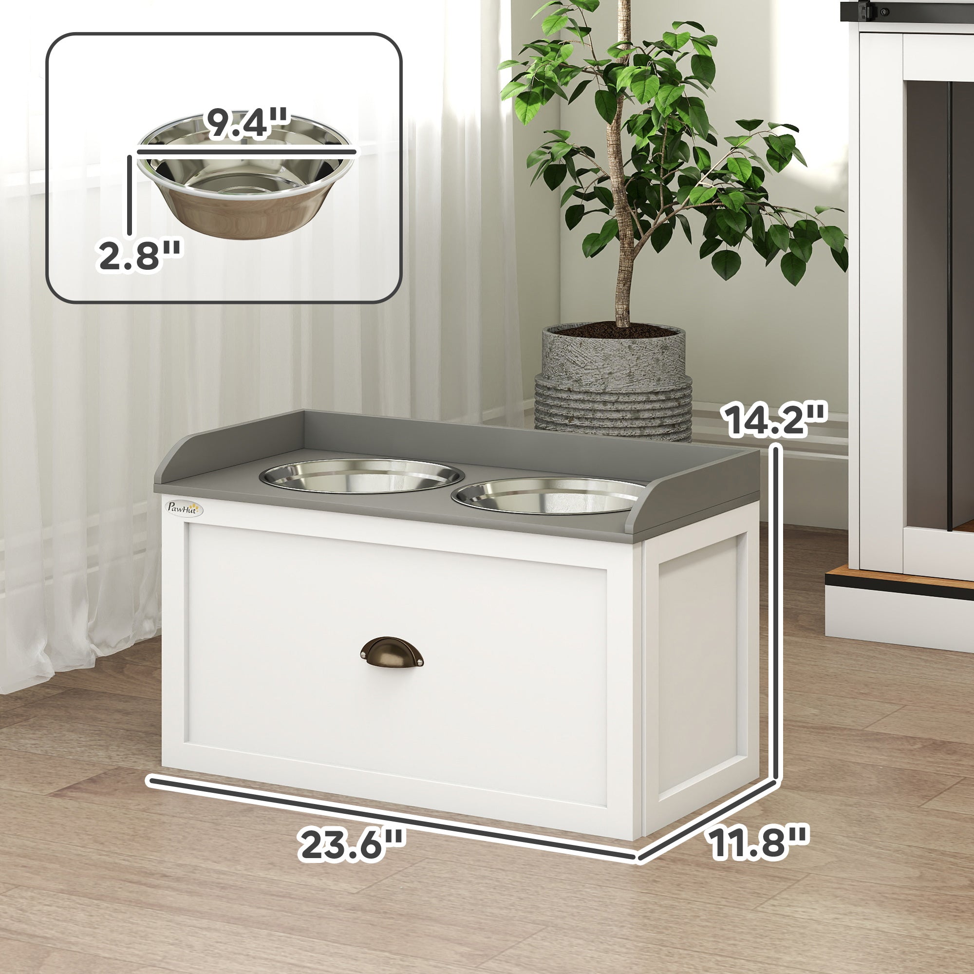 Pet Feeding Station Pet Dish Bowl Set with Storage, 2 Elevated Dog Bowls for Large Sized Dogs, White