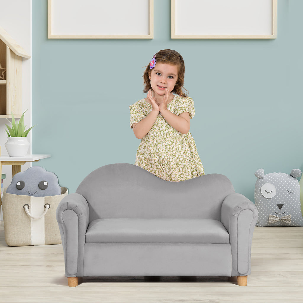 Ergonomic Foam Kids Sofa with Inner Toy Storage Chest, Velvet Kids Couch with Soft Arms, Children's Lounge Furniture, 33" x 16.25" x 19", Gray