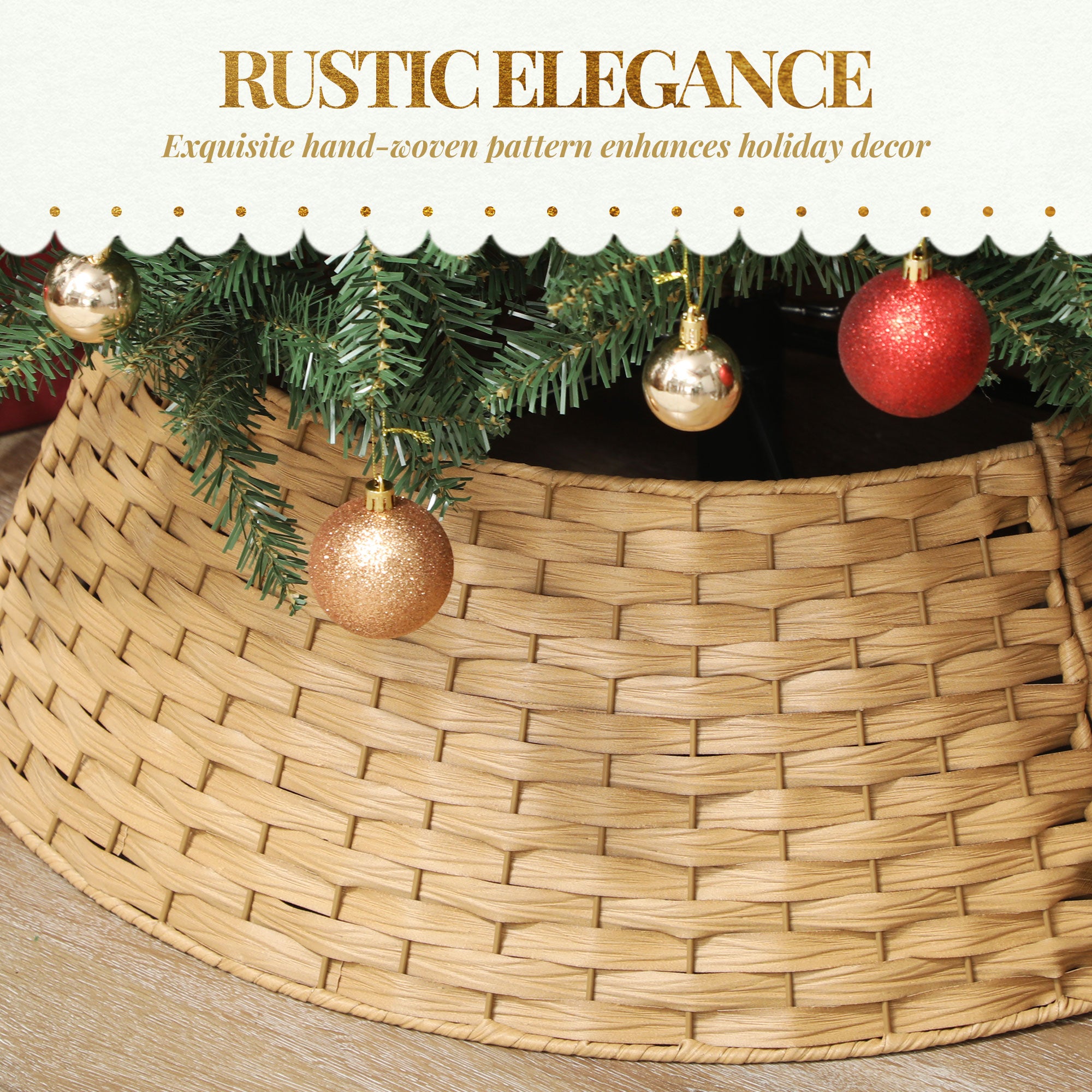 27 inch Rustic Christmas Tree Skirt, Plastic Woven Christmas Tree Collar for Party, Holiday, Home Decoration, Natural