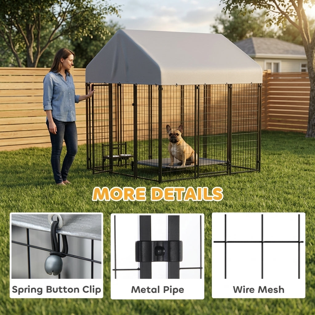 Outdoor Dog Kennel with Roof, 6' x 6' x 6' Heavy Duty Welded Wire Dog Playpen Enclosure with Escape-proof Lock
