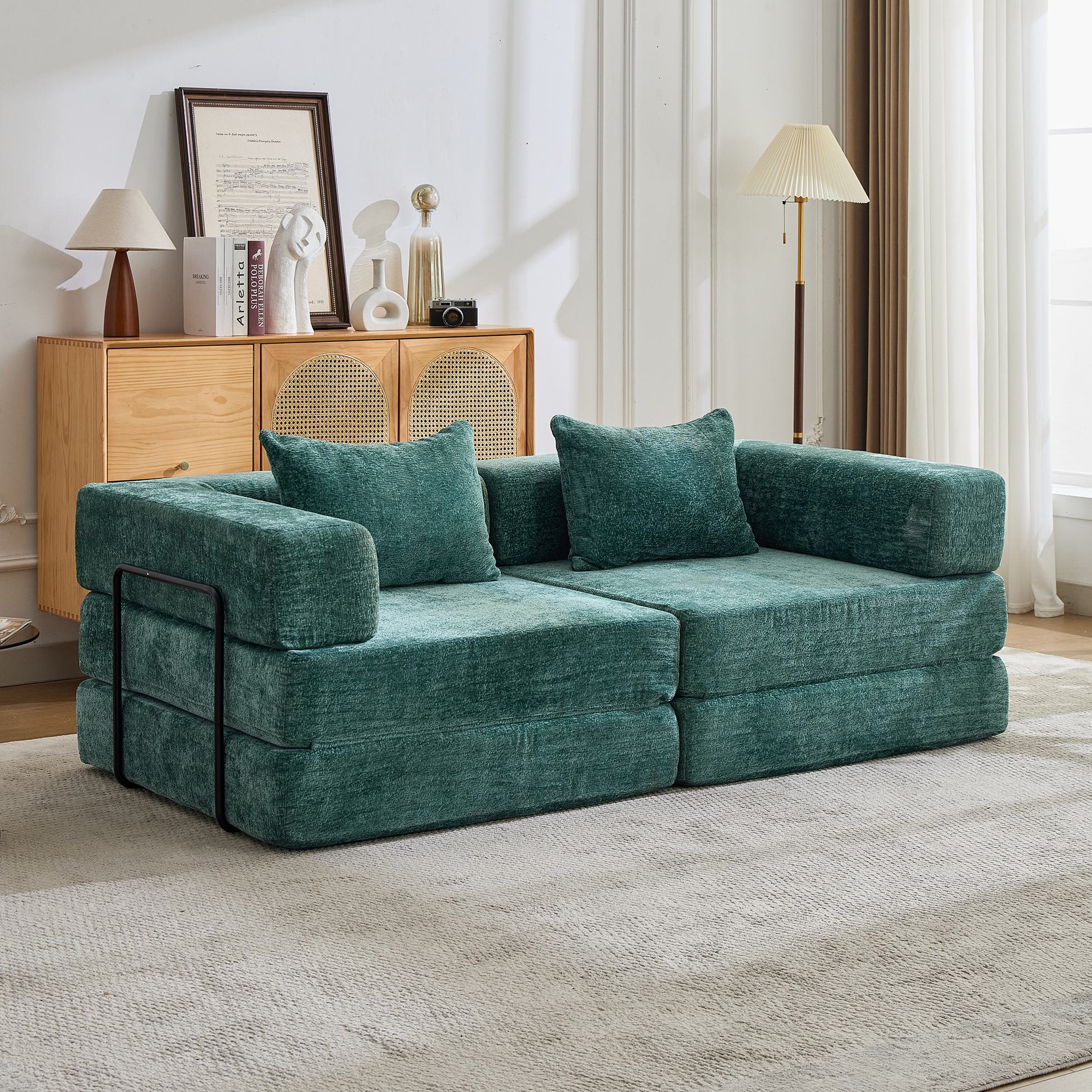 Convertible Sofa Bed Floor Sofa with Fixed-Shape Frame, Chenille Fabric Compressed Sofa for Living Room, 79" L x 39.5" W x 25" H, Dark Green
