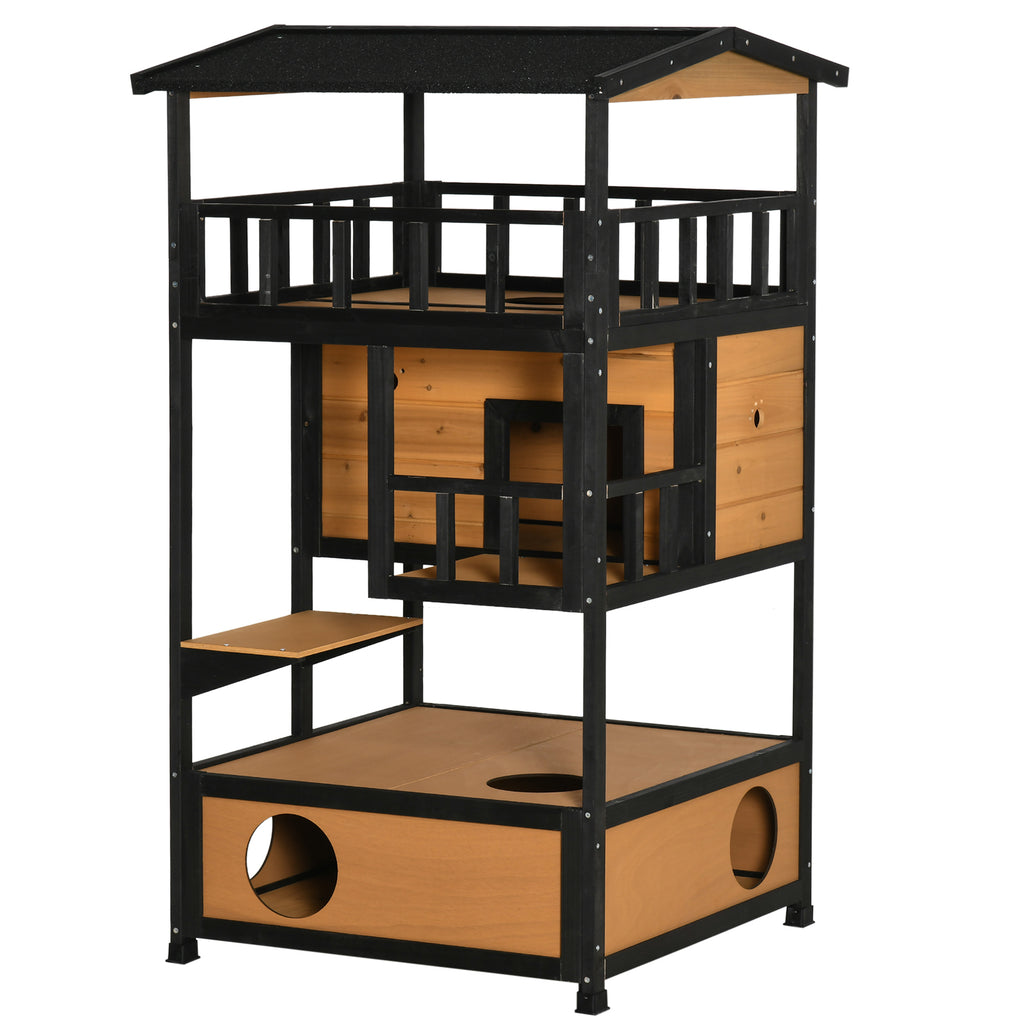 Wooden Outdoor Cat House, Feral Cat Shelter Kitten Condo with Asphalt Roof, Escape Doors, Condo, Jumping Platform, Yellow