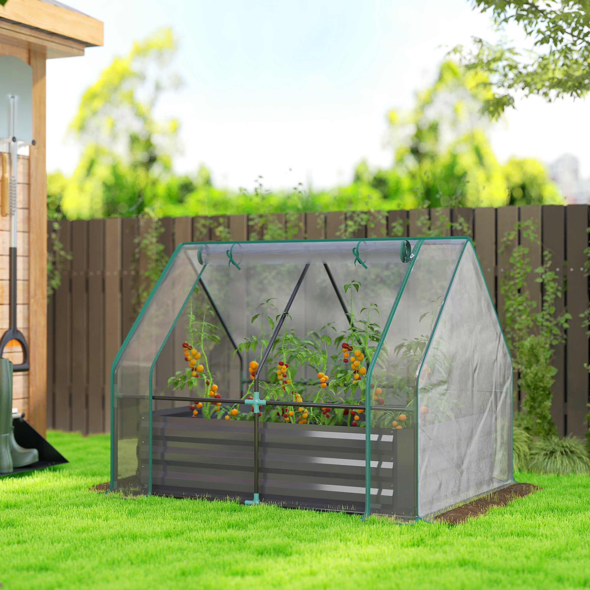 4 x 3ft Raised Garden Bed with Mini Greenhouse, Galvanized Raised Garden Bed with Cover, Clear and Dark Gray