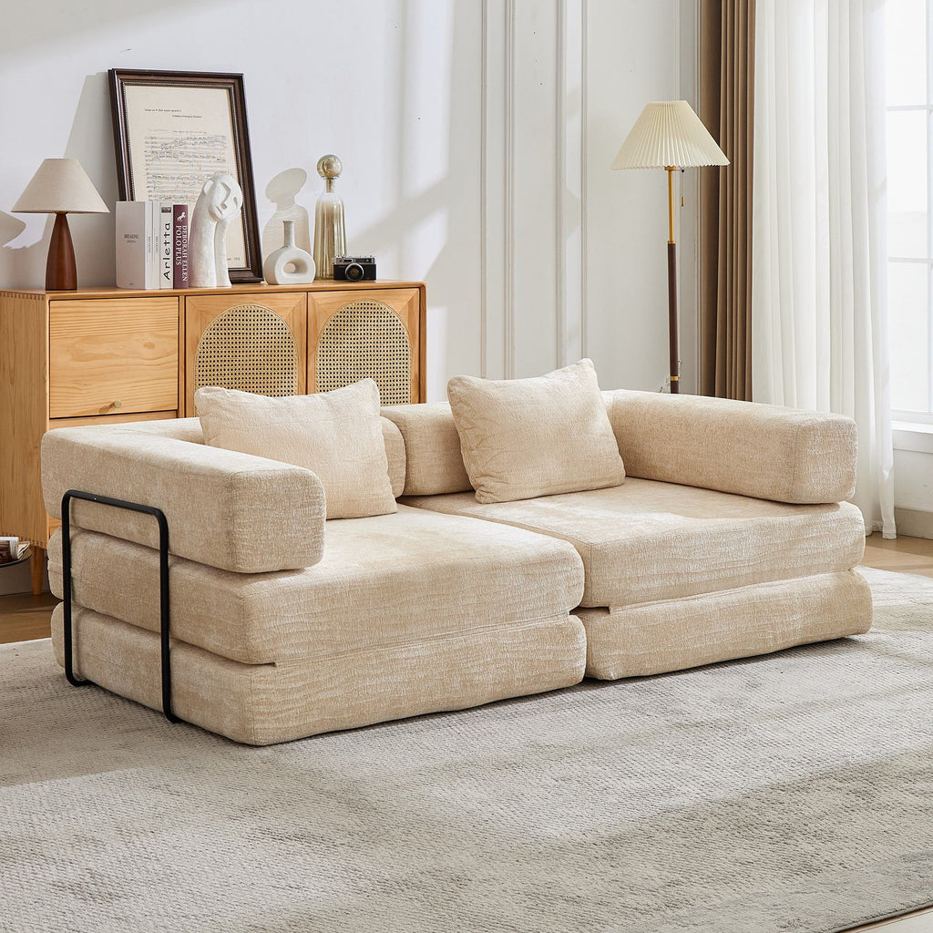 Convertible Sofa Bed Floor Sofa with Fixed-Shape Frame and Chenille Fabric, Compressed Sofa for Living Room, 79" L x 39.5" W x 25" H, Beige