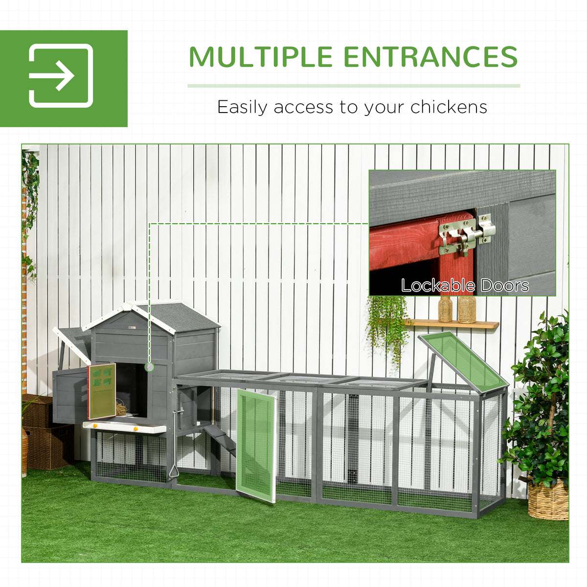 118" Extra Large Chicken Coop with Asphalt Roof, Wooden Hen Run with Slide-Out Tray and Nesting Box, Chicken Hutch for 3-6 Chickens, Gray