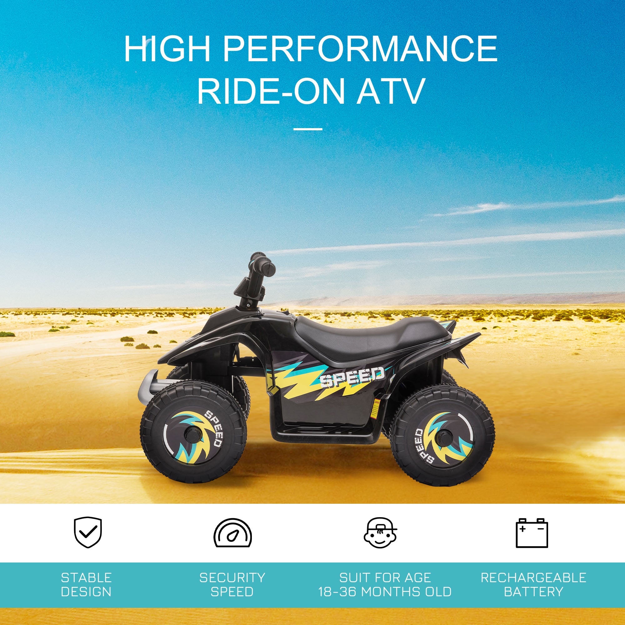 6V Kids ATV 4-Wheeler Ride on Car, Electric Motorized Quad Battery Powered Vehicle with Forward/Reverse Switch for 18-36 Months Old Toddlers, Black